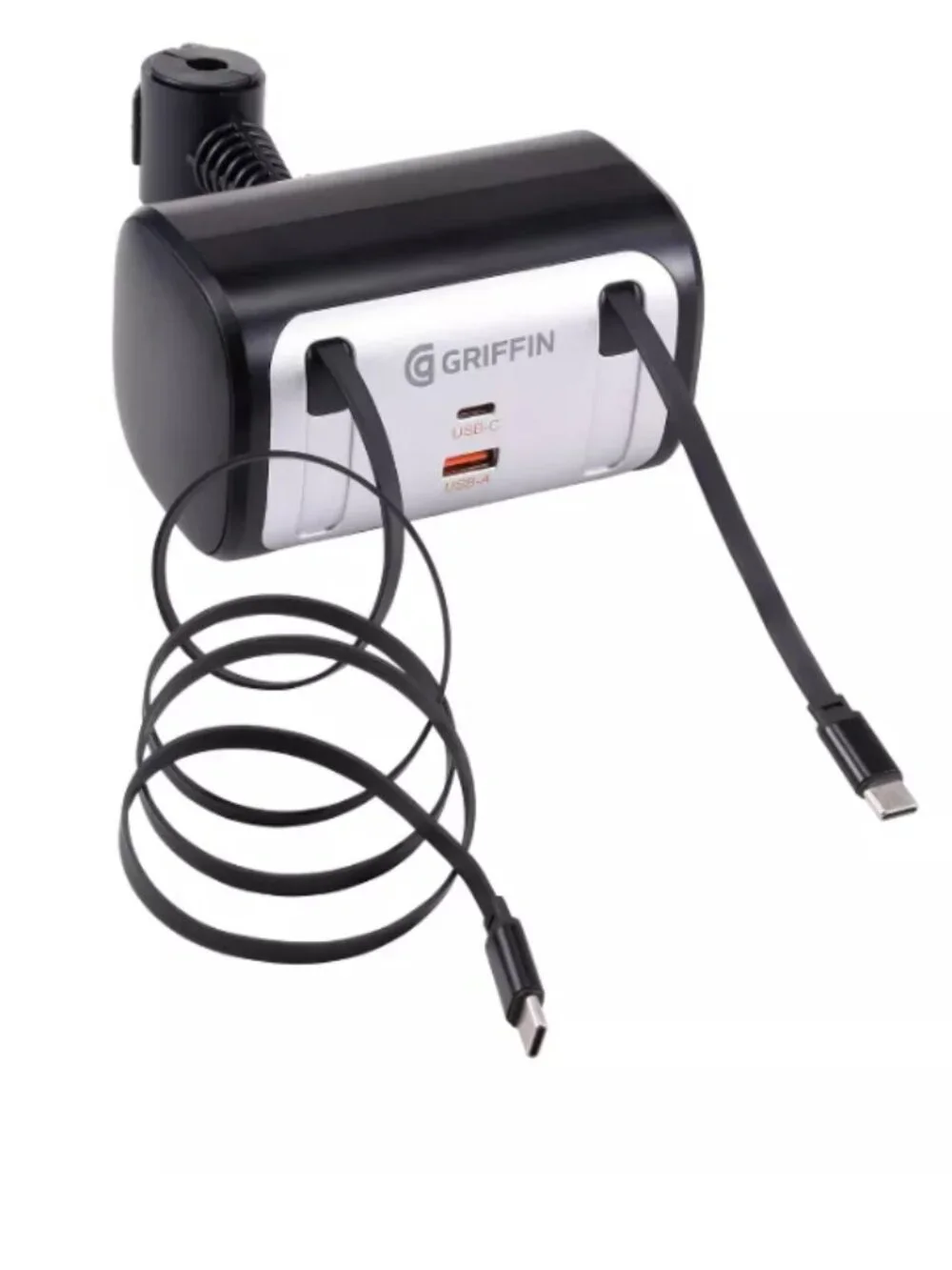 Griffin PowerJolt 5-in-1 Backseat Car Charger Retractable USB-C USB-A Hub Black
